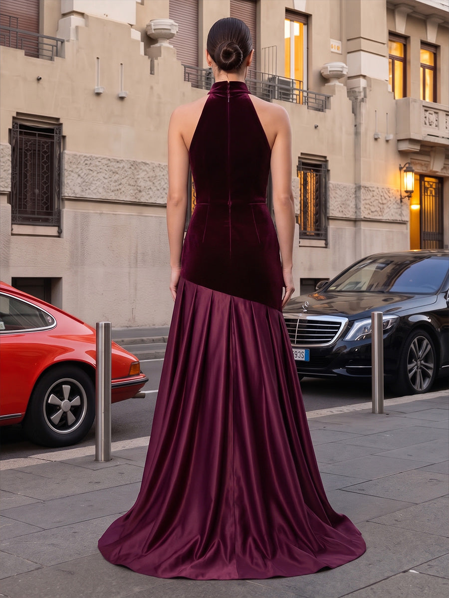 Mermaid/Trumpet Halter Velvet Maxi Evening Dresses with Pleats & Sweep Train