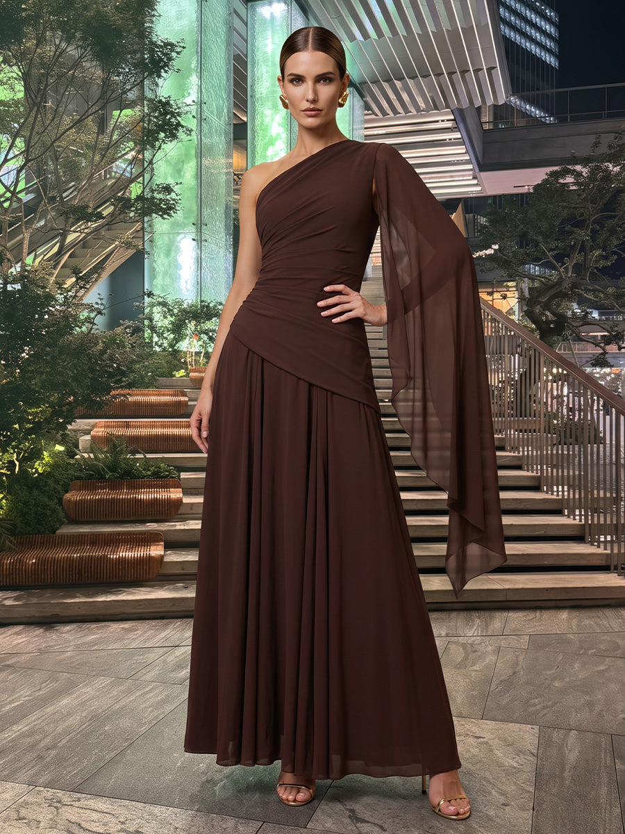 A-Line/Princess One Shoulder Chiffon Maxi Evening Dresses with Ruched Waist, Side Sash & Pleats
