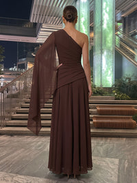 A-Line/Princess One Shoulder Chiffon Maxi Evening Dresses with Ruched Waist, Side Sash & Pleats
