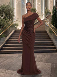 Mermaid/Trumpet One Shoulder Chiffon Maxi Evening Dresses with Ruched Waist & Sequin