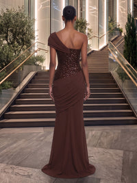 Mermaid/Trumpet One Shoulder Chiffon Maxi Evening Dresses with Ruched Waist & Sequin