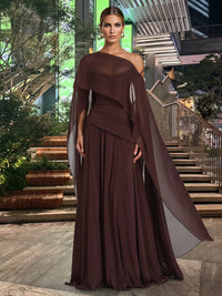 A-Line/Princess Off Shoulder Chiffon Maxi Evening Dresses with Pleats & Ruched Waist