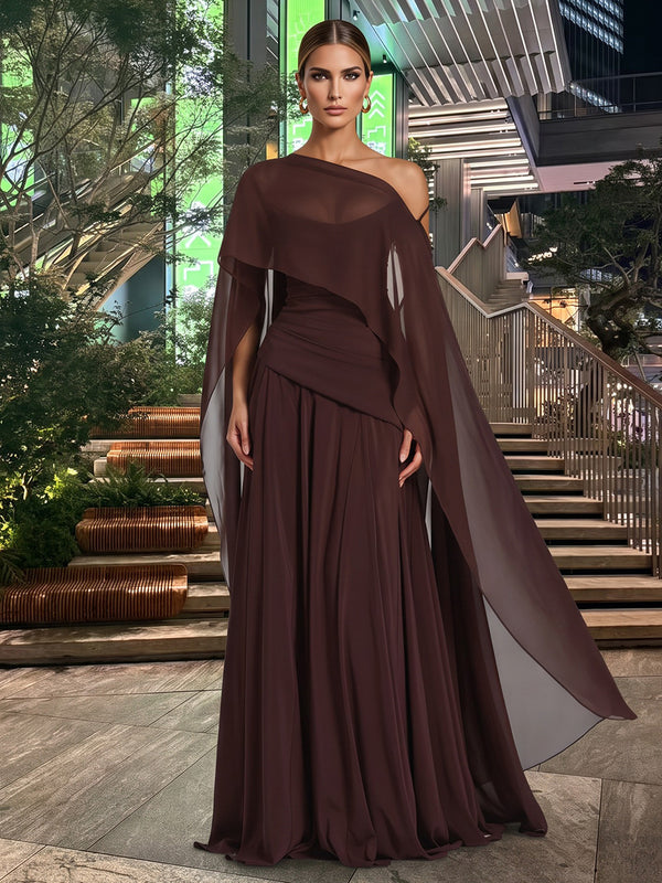 A-Line/Princess Off Shoulder Chiffon Maxi Evening Dresses with Pleats & Ruched Waist