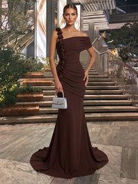 Mermaid/Trumpet Off Shoulder Stretch Jersey Maxi Evening Dresses with 3D Flowers, Sweep Train & Ruched Waist