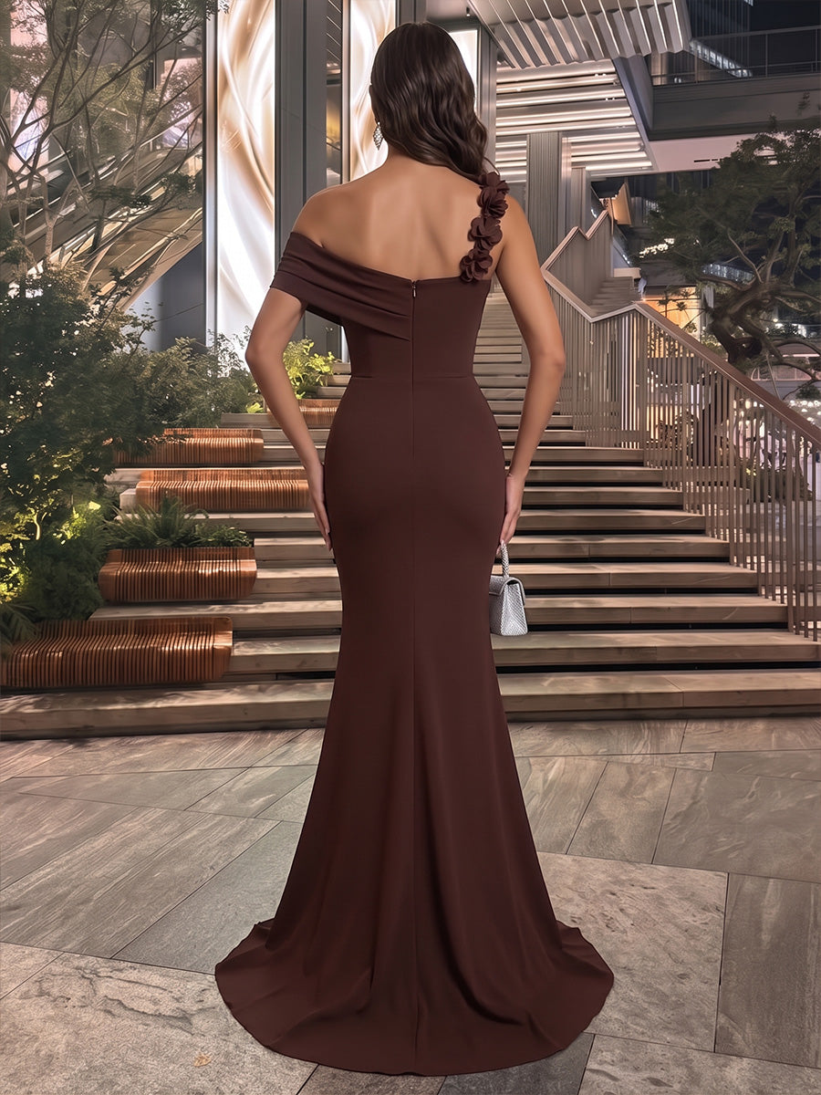Mermaid/Trumpet Off Shoulder Stretch Jersey Maxi Evening Dresses with 3D Flowers, Sweep Train & Ruched Waist