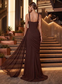 Sheath/Column Sweetheart Chiffon Maxi Evening Dresses with Ruched Waist, Side Sash & Slit