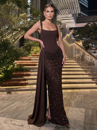 Sheath/Column Square Neck Sequin Maxi Evening Dresses with Corset Bodice, Ruched Waist & Side Sash