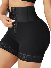 High Waist Hook-and-Eye Shorts Shapewear with Lace Trim