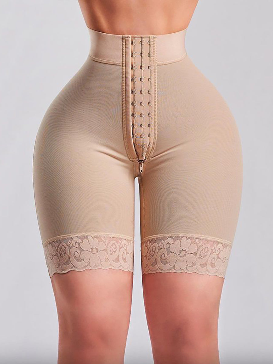High Waist Hook-and-Eye Shorts Shapewear with Lace Trim
