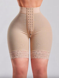 High Waist Hook-and-Eye Shorts Shapewear with Lace Trim