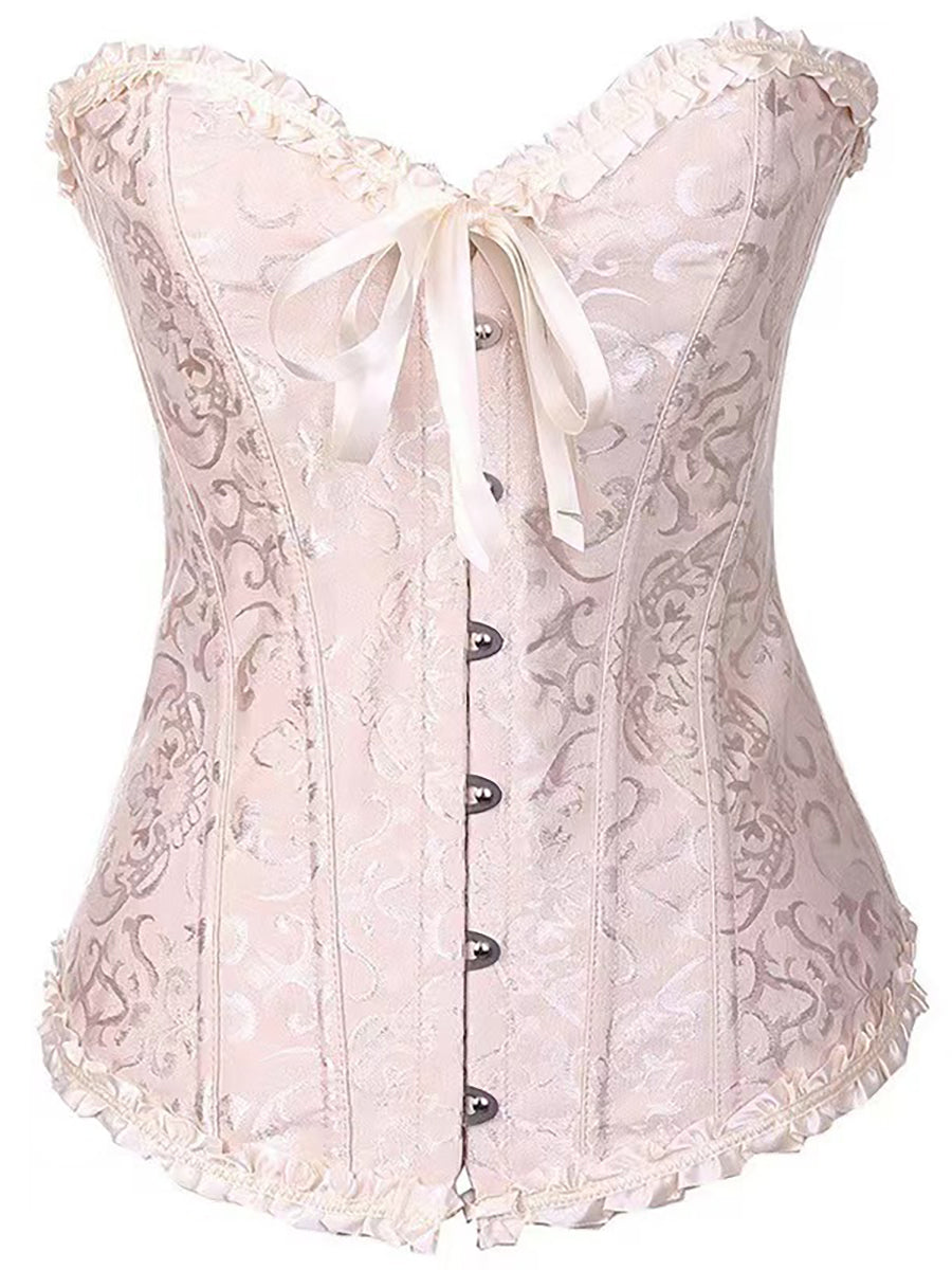 Print Ruffled Corset Top Structured Waist Shapewear with Button & Bow