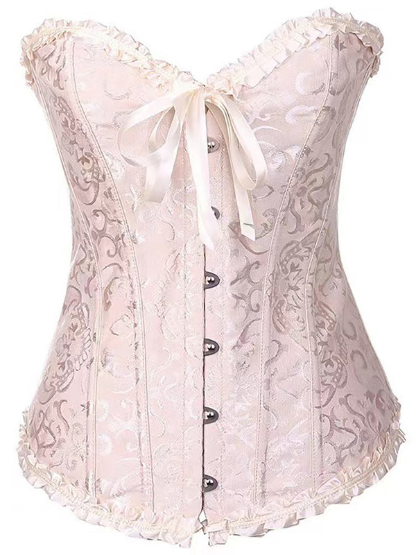Print Ruffled Corset Top Structured Waist Shapewear with Button & Bow