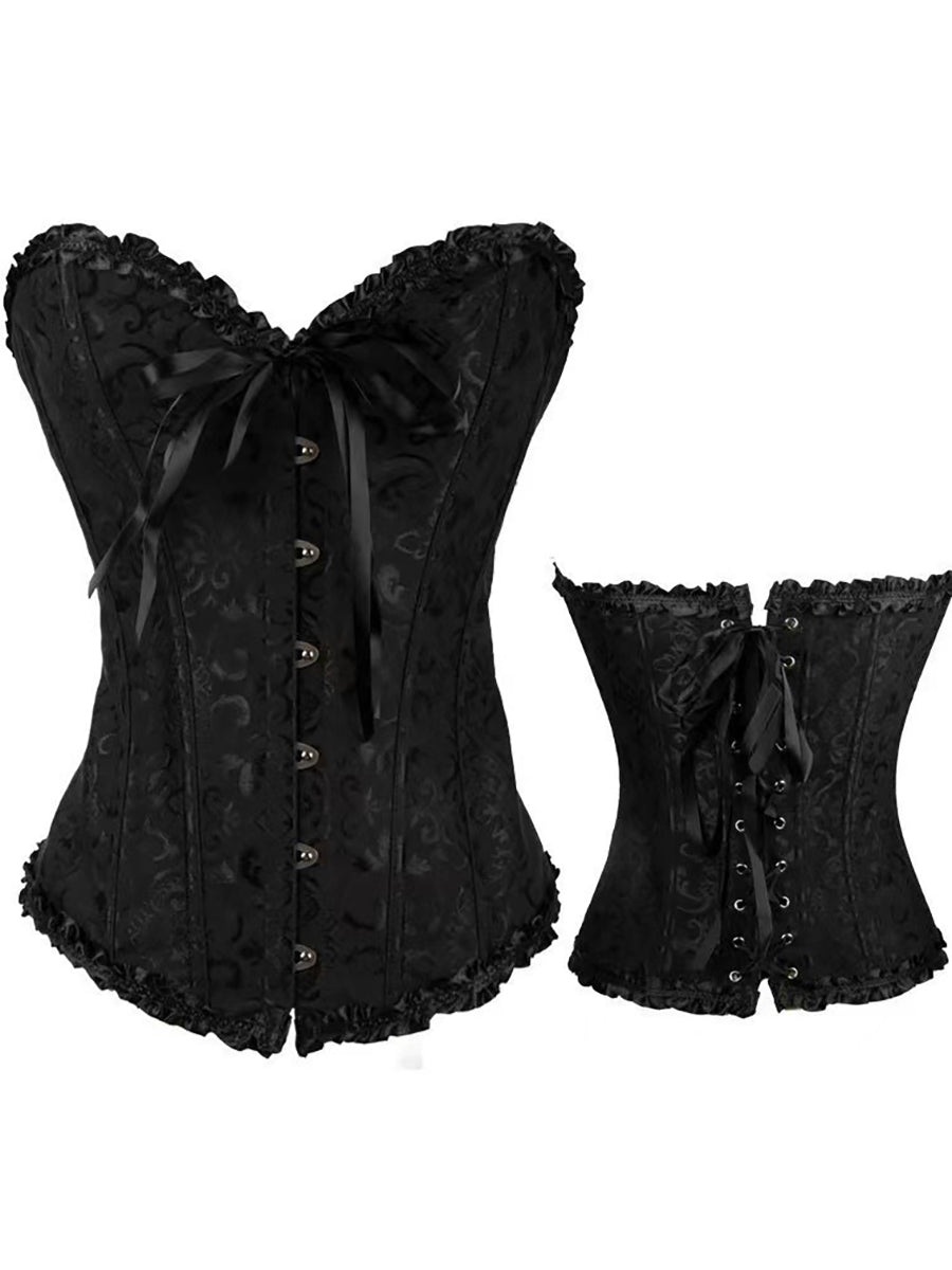 Print Ruffled Corset Top Structured Waist Shapewear with Button & Bow