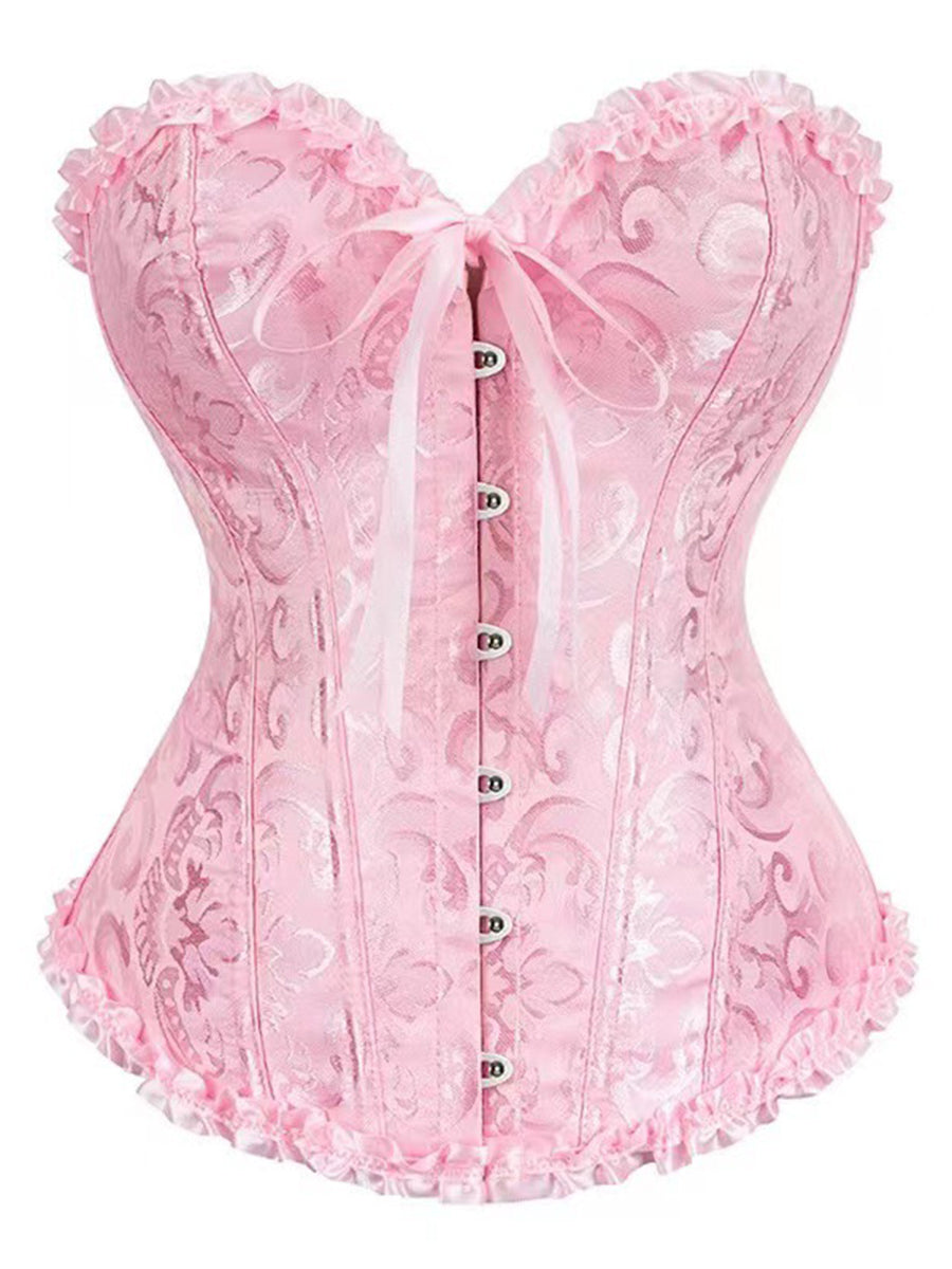 Print Ruffled Corset Top Structured Waist Shapewear with Button & Bow