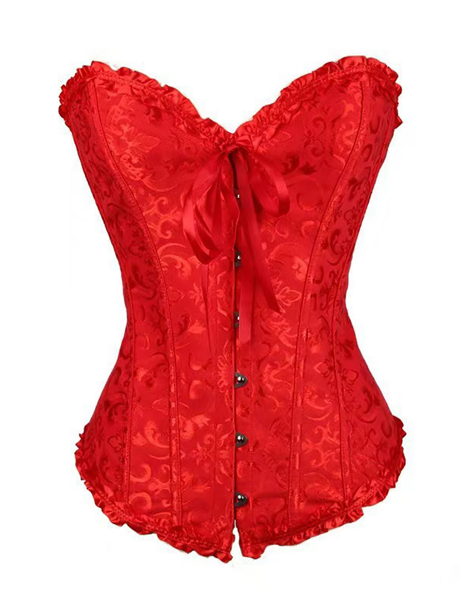 Print Ruffled Corset Top Structured Waist Shapewear with Button & Bow