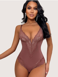 Lace Trim Deep Plunge Spaghetti Straps Bodysuit Shapewear