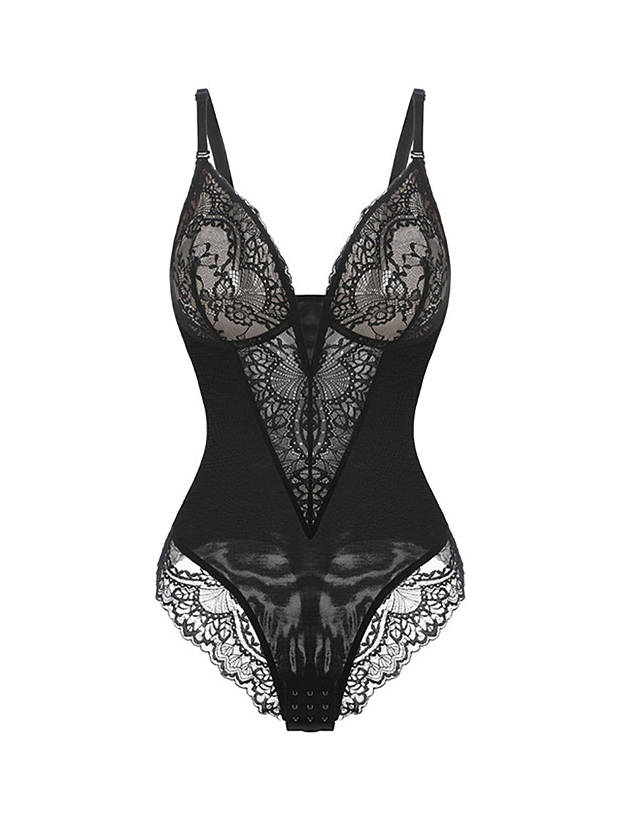 Lace Trim Deep Plunge Spaghetti Straps Bodysuit Shapewear