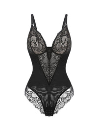 Lace Trim Deep Plunge Spaghetti Straps Bodysuit Shapewear