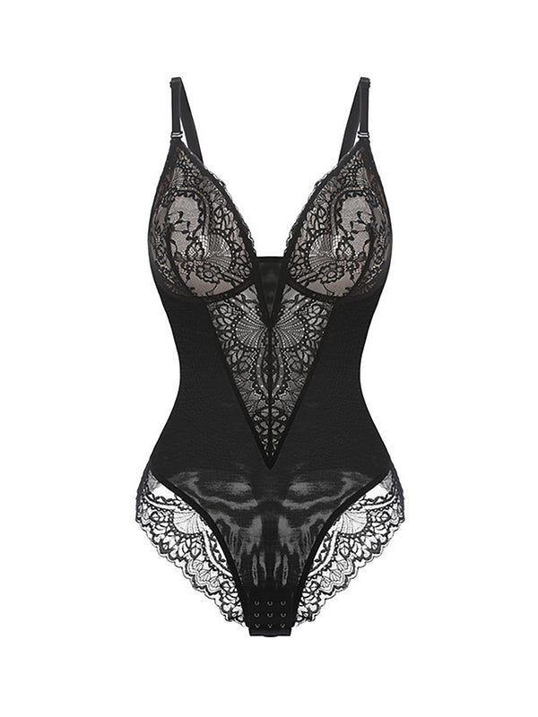 Lace Trim Deep Plunge Spaghetti Straps Bodysuit Shapewear
