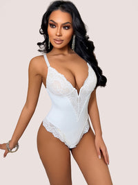 Lace Trim Deep Plunge Spaghetti Straps Bodysuit Shapewear