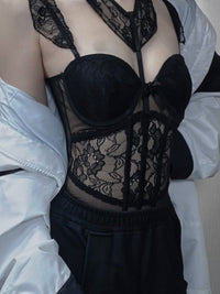 Lace Halter Neck Sheer Mesh Boned Corset Top