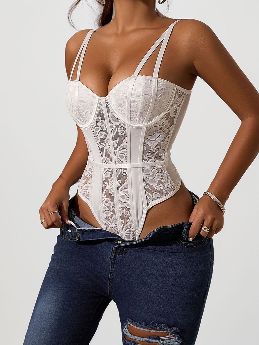 Mesh Lace Sweetheart Boned Corset Bodysuit