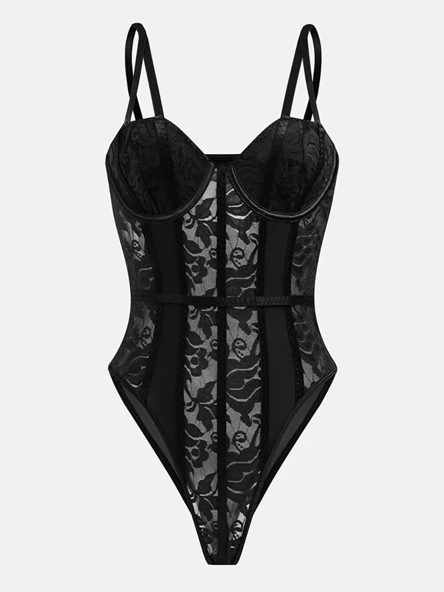 Mesh Lace Sweetheart Boned Corset Bodysuit