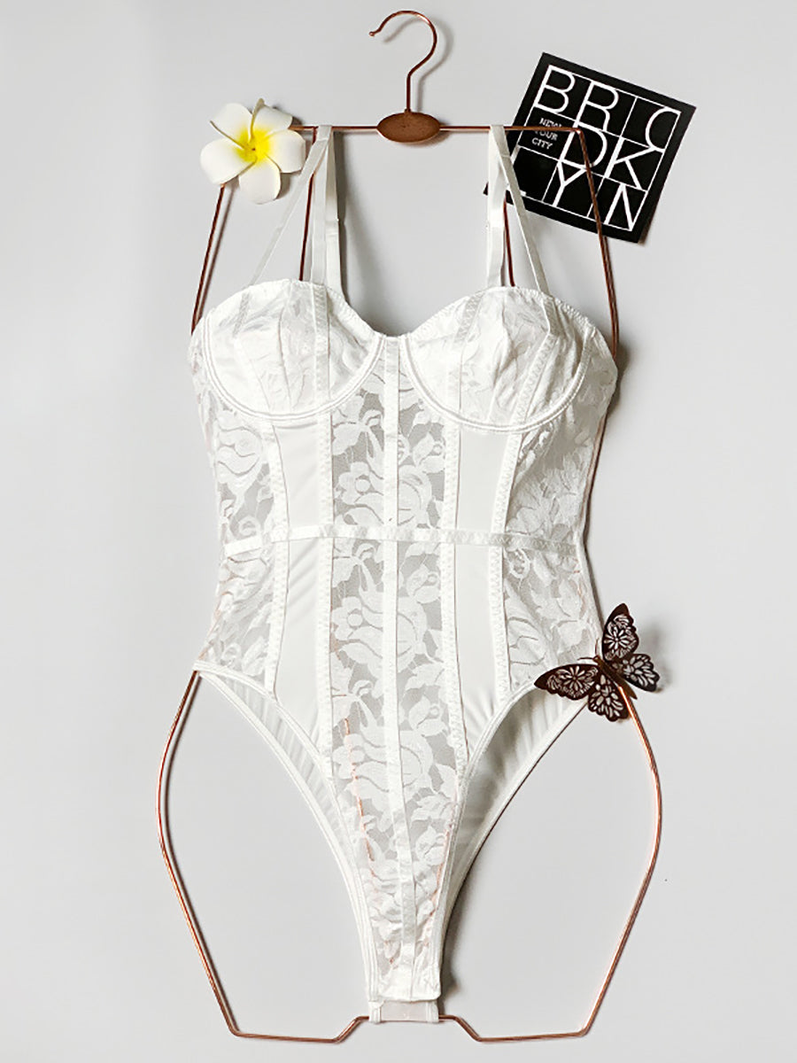 Mesh Lace Sweetheart Boned Corset Bodysuit