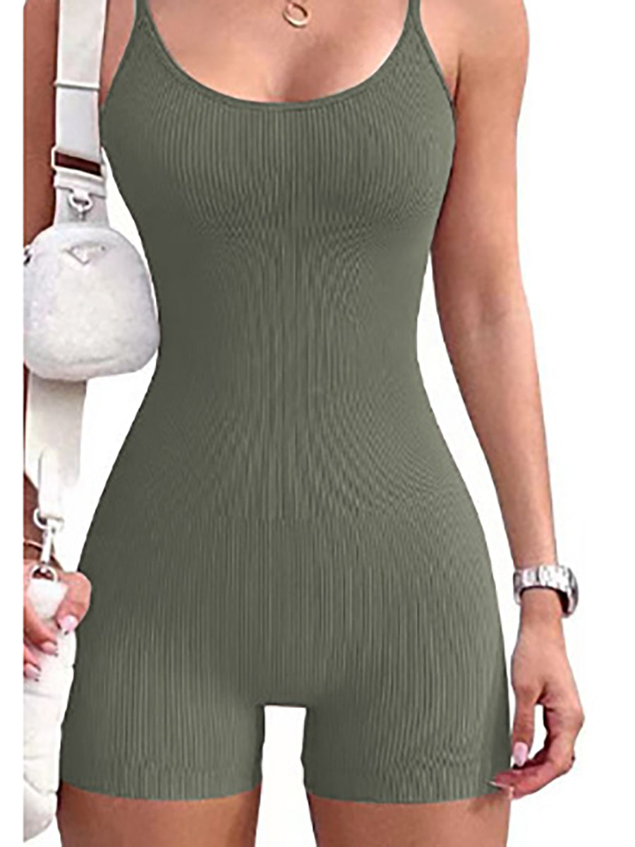 Ribbed Seamless Slim Fitted Spaghetti Strap Short Jumpsuit