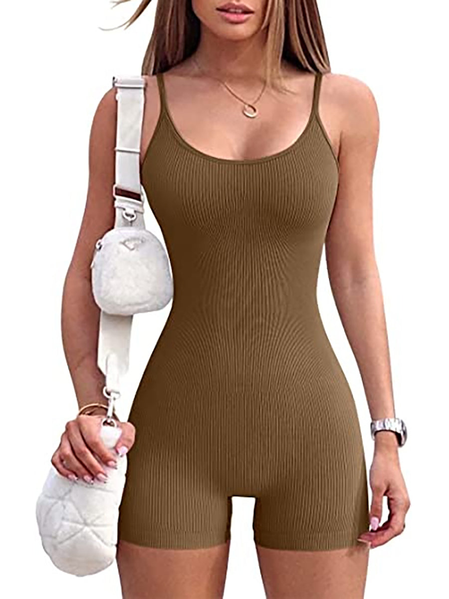 Ribbed Seamless Slim Fitted Spaghetti Strap Short Jumpsuit