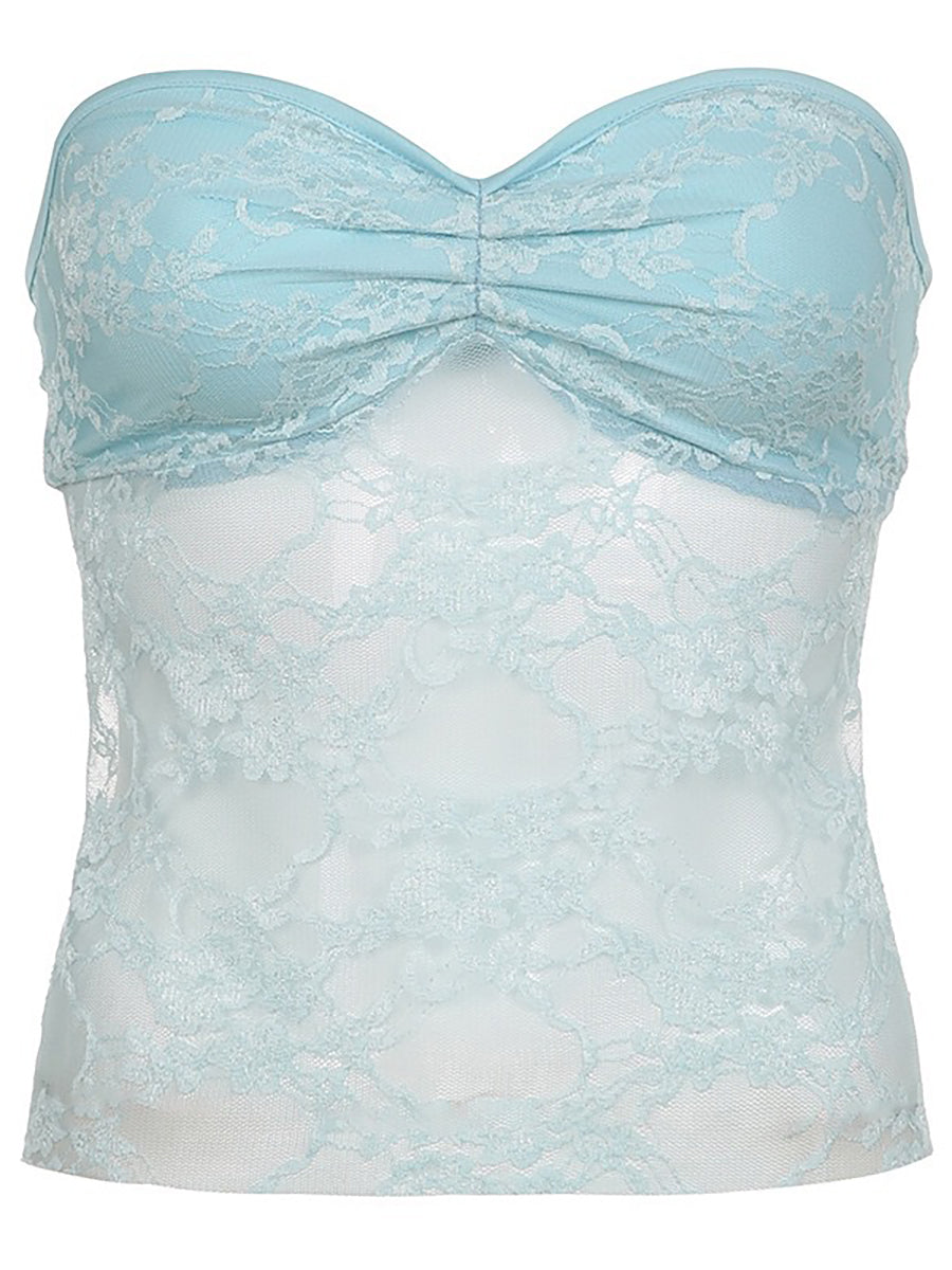 Sweetheart Sheer Lace Sleeveless Back Tie Corset Top