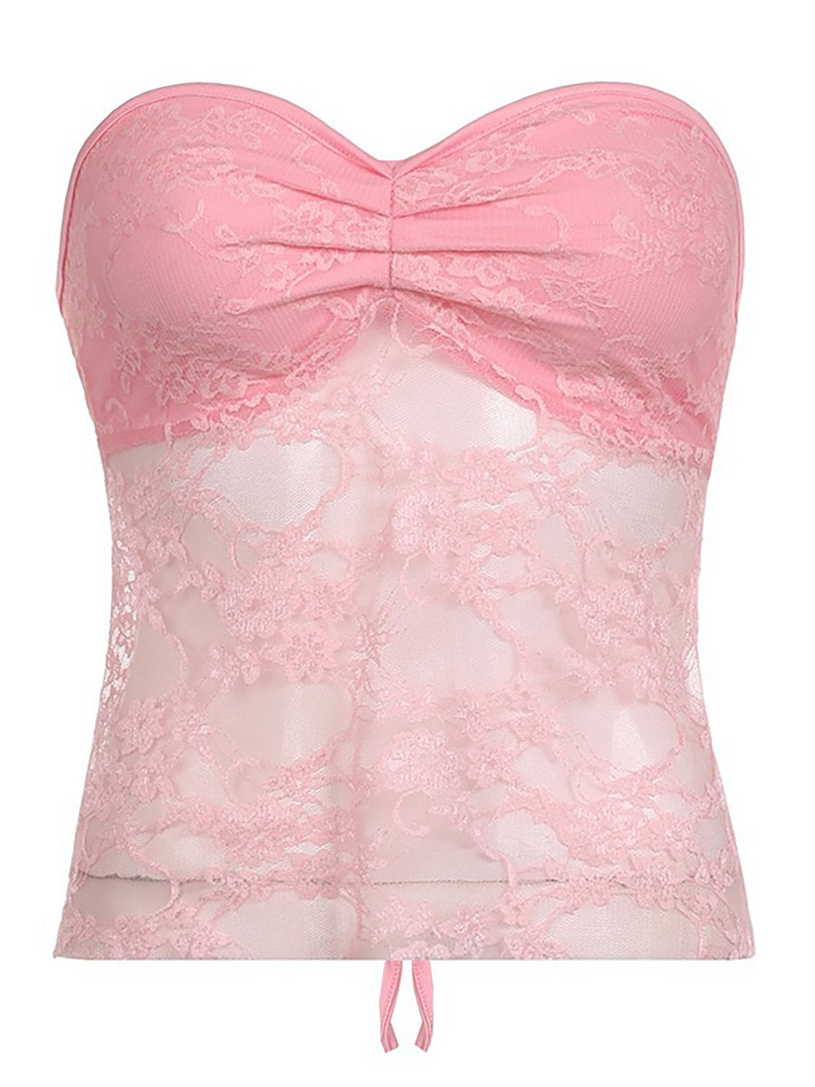 Sweetheart Sheer Lace Sleeveless Back Tie Corset Top