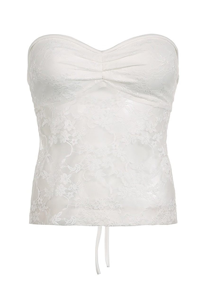 Sweetheart Sheer Lace Sleeveless Back Tie Corset Top