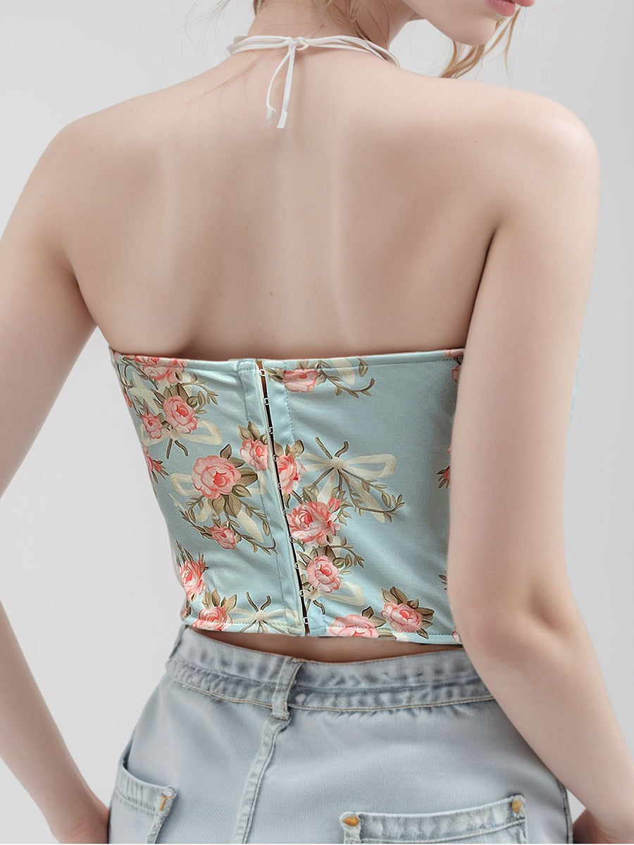 Printed Floral Strapless Hook-and-Eye Closure Corset Boned Top