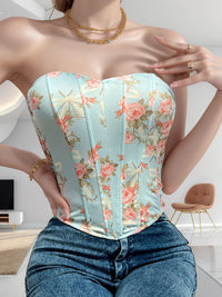 Printed Floral Strapless Hook-and-Eye Closure Corset Boned Top