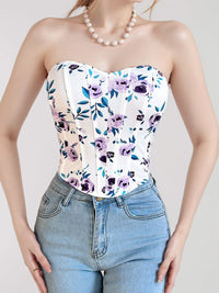 Printed Floral Strapless Hook-and-Eye Closure Corset Boned Top