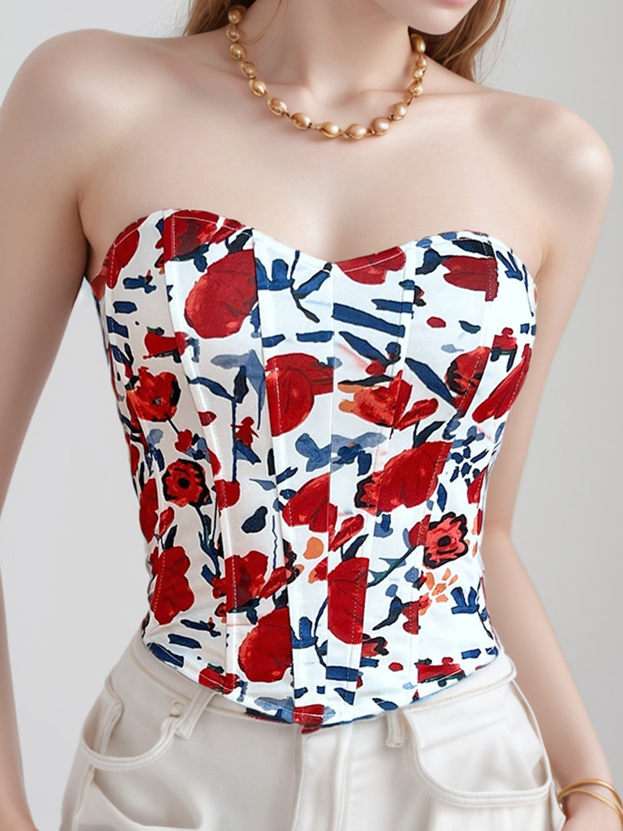 Printed Floral Strapless Hook-and-Eye Closure Corset Boned Top