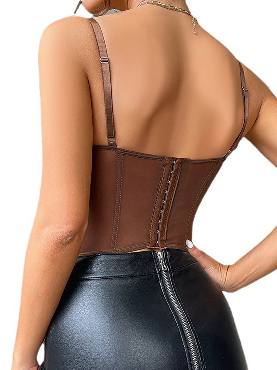 Sheer Mesh Fitted Corset Boned Top with Lace