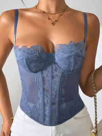 Sheer Mesh Fitted Corset Boned Top with Lace
