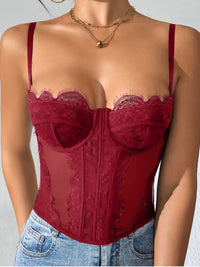 Sheer Mesh Fitted Corset Boned Top with Lace