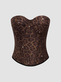 Spaghetti Straps Leopard Print Fitted Boned Top with Rhinestones