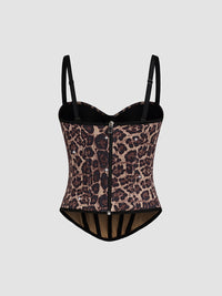 Spaghetti Straps Leopard Print Fitted Boned Top with Rhinestones