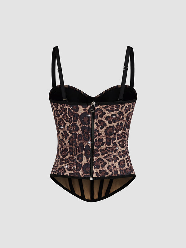 Spaghetti Straps Leopard Print Fitted Boned Top with Rhinestones
