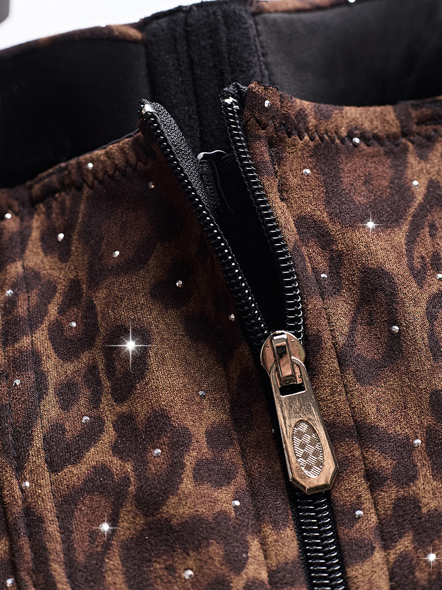 Spaghetti Straps Leopard Print Fitted Boned Top with Rhinestones