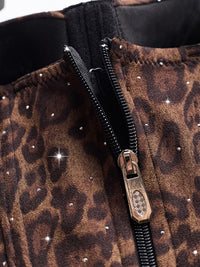 Spaghetti Straps Leopard Print Fitted Boned Top with Rhinestones