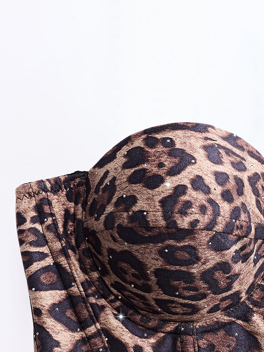Spaghetti Straps Leopard Print Fitted Boned Top with Rhinestones