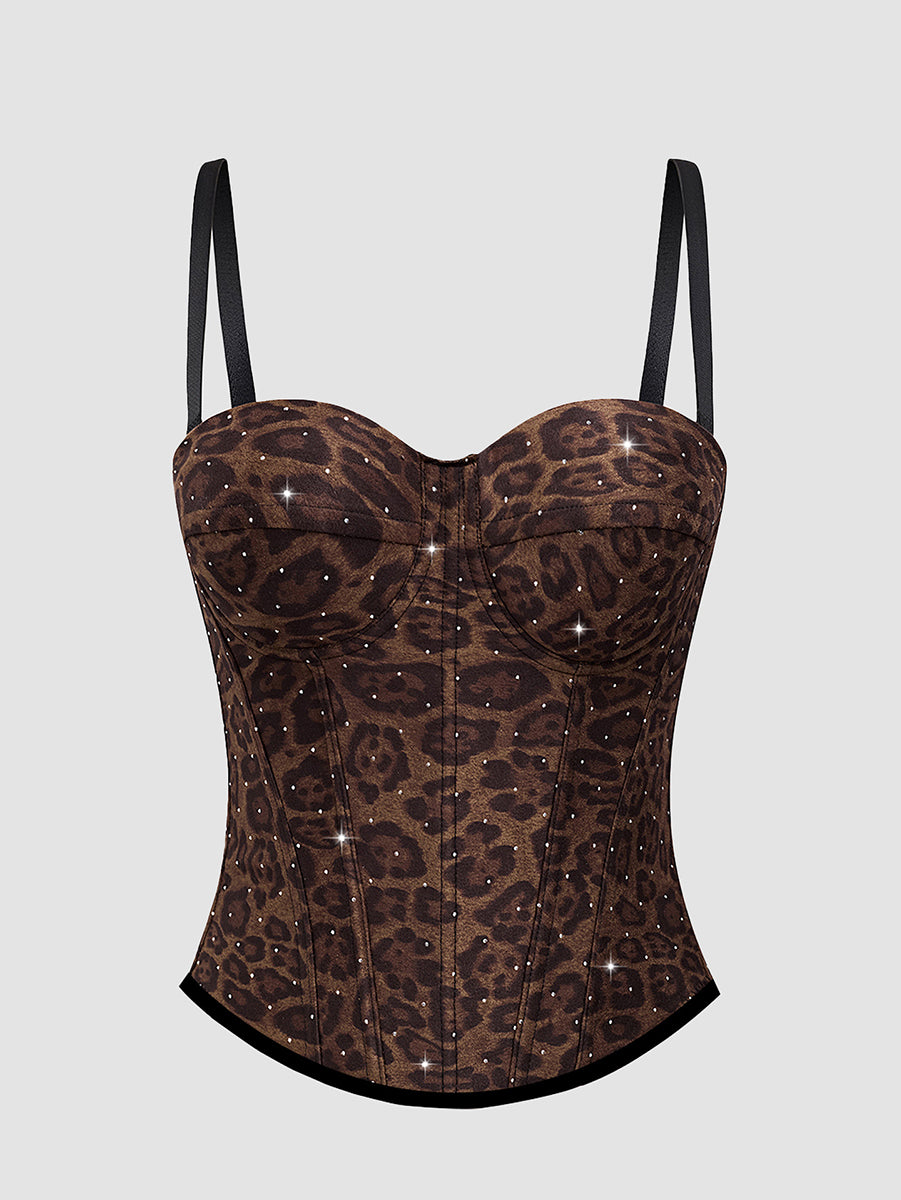 Spaghetti Straps Leopard Print Fitted Boned Top with Rhinestones
