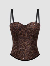 Spaghetti Straps Leopard Print Fitted Boned Top with Rhinestones