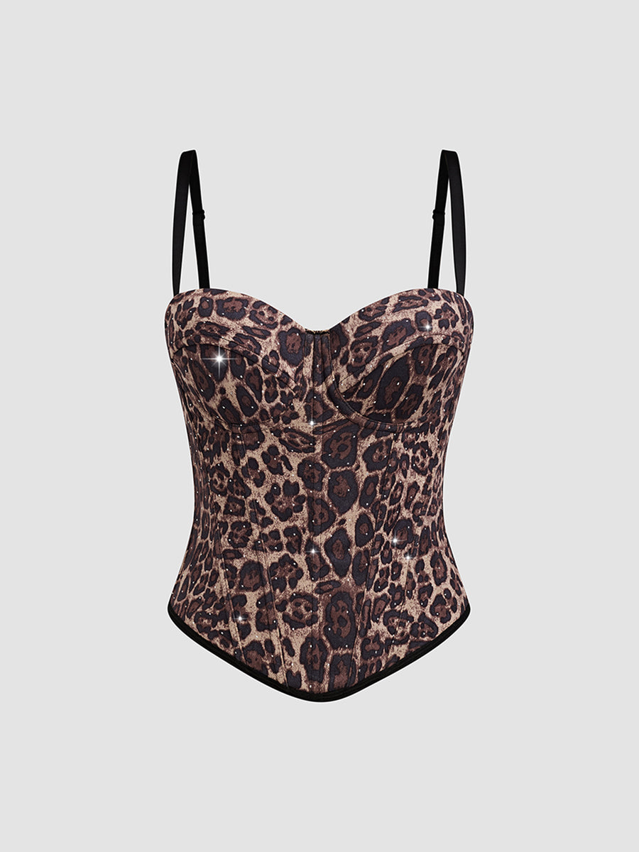 Spaghetti Straps Leopard Print Fitted Boned Top with Rhinestones