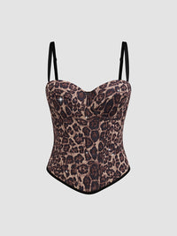 Spaghetti Straps Leopard Print Fitted Boned Top with Rhinestones